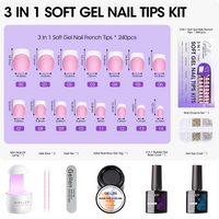 Gellen French Tips Gel Nail Kit - 240 Pcs Pink Short Square, Salon Acrylic Nail Kits Including Gel Top Coat and Base Coat, UV Lamp, Solid Nail Glue Gel, Nail Charms for French Tip Manicure