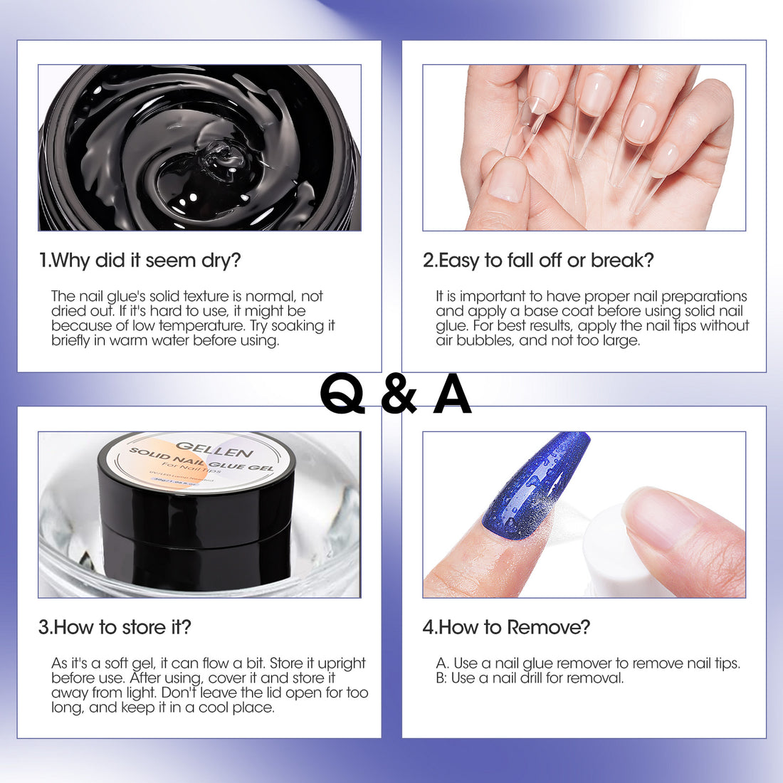 Gellen Nail Glue Gel for Fake Nails Tips, 1Pc 15g Solid Gel Nail Glue for Press ons Nails with 60ml Nail Glue Remover Set