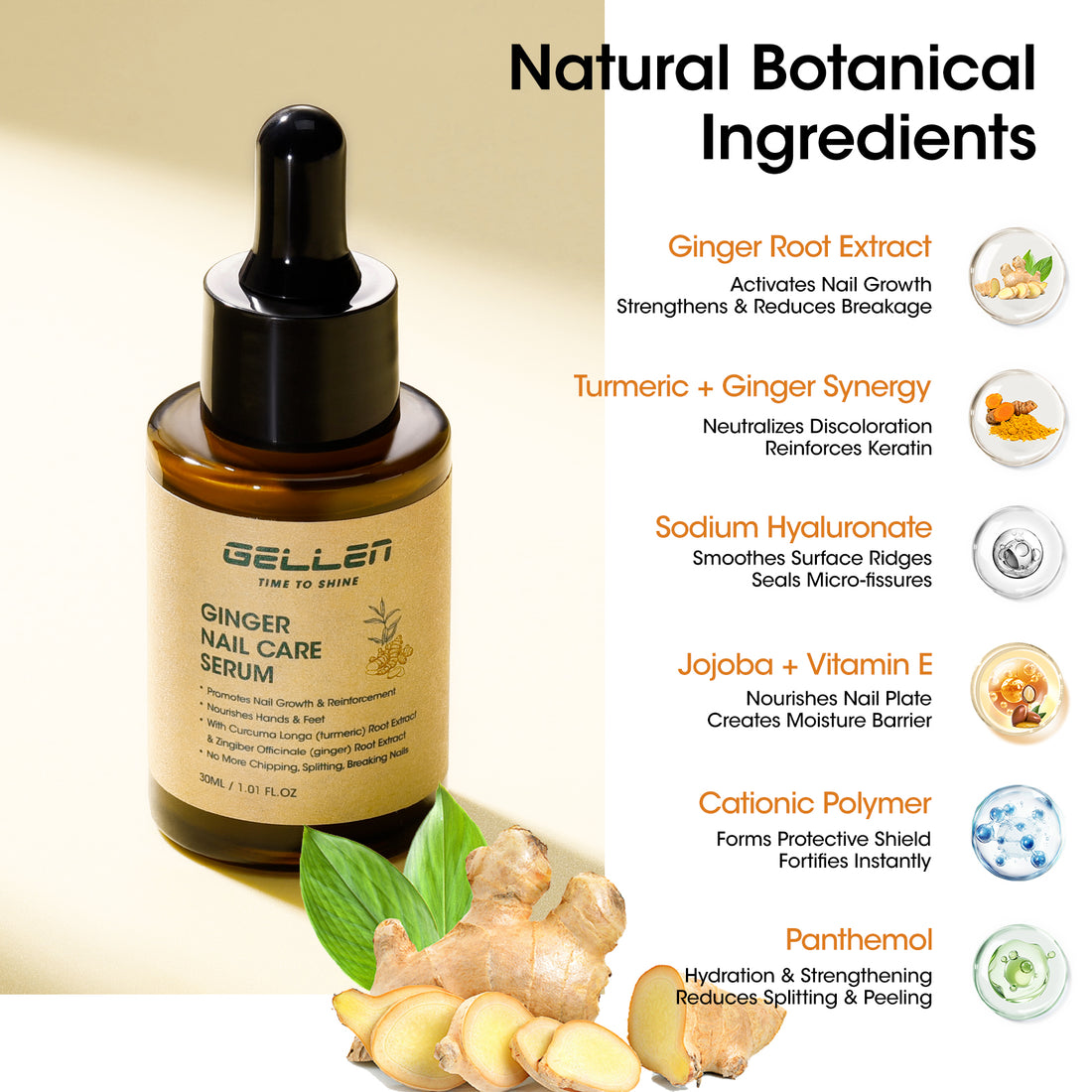 Gellen 30ml Ginger Nail Growth Serum for Nail Strengthener and Growth, Nail Repair Treatment for Weak Brittle Splitting Damaged Nails, Hydrated & Nourished Nail Care Solution