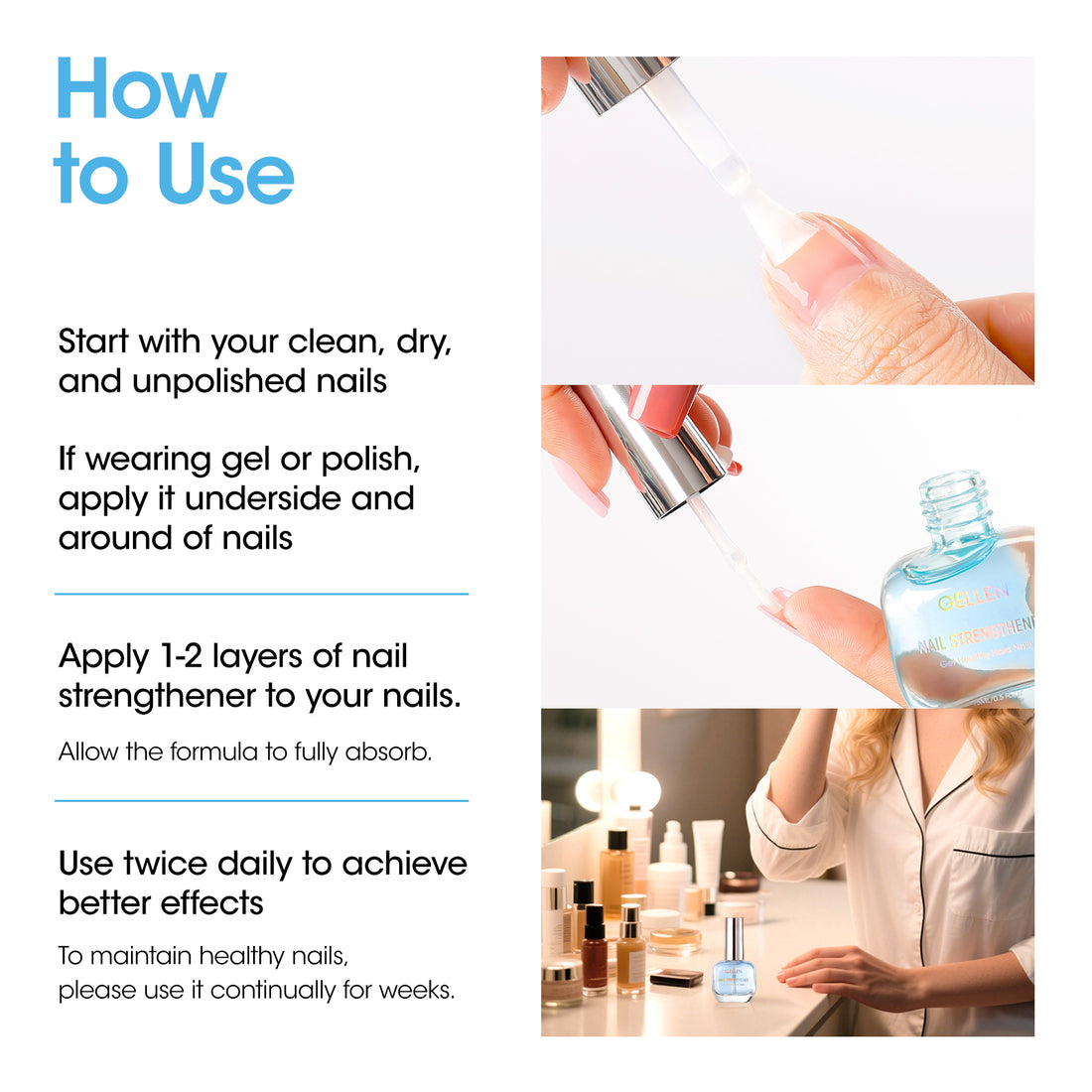 Gellen 15ml Nail Strengthener, Air Dry Clear Finish Nail Growth Strengthener for Thin Weak and Damaged Nails Repair Solution with Protein Keratin Calcium Nourish Nail Care Treatment, Ocean Scented