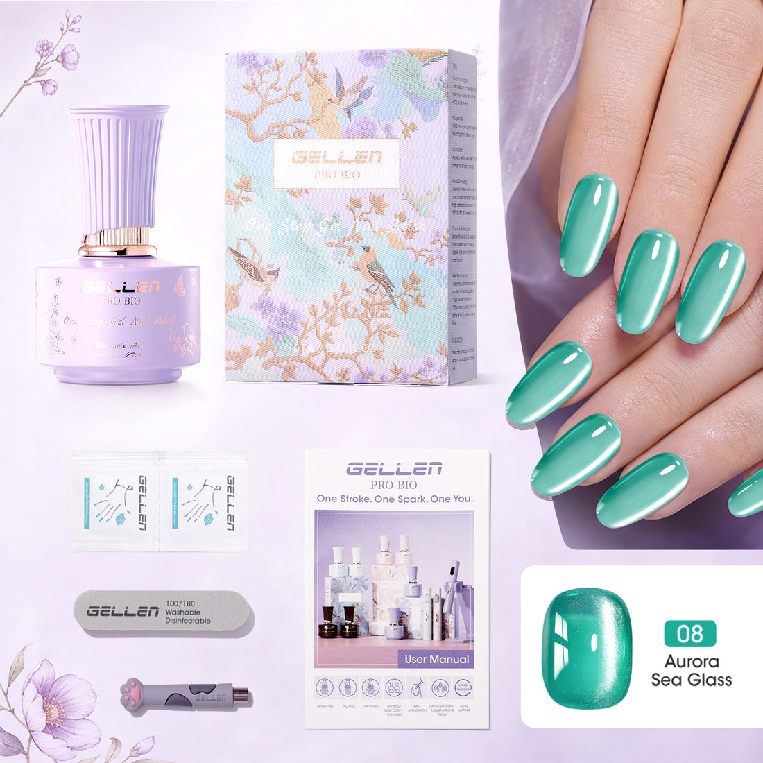 Gellen One Step Cat Eye Gel Nail Polish, 5-in-1 Magnetic Gel Polish Set, UV Lamp Needed Cured, No Base Top Needed, DIY Manicure for Women Beginners, 08 Sheer Mint Green