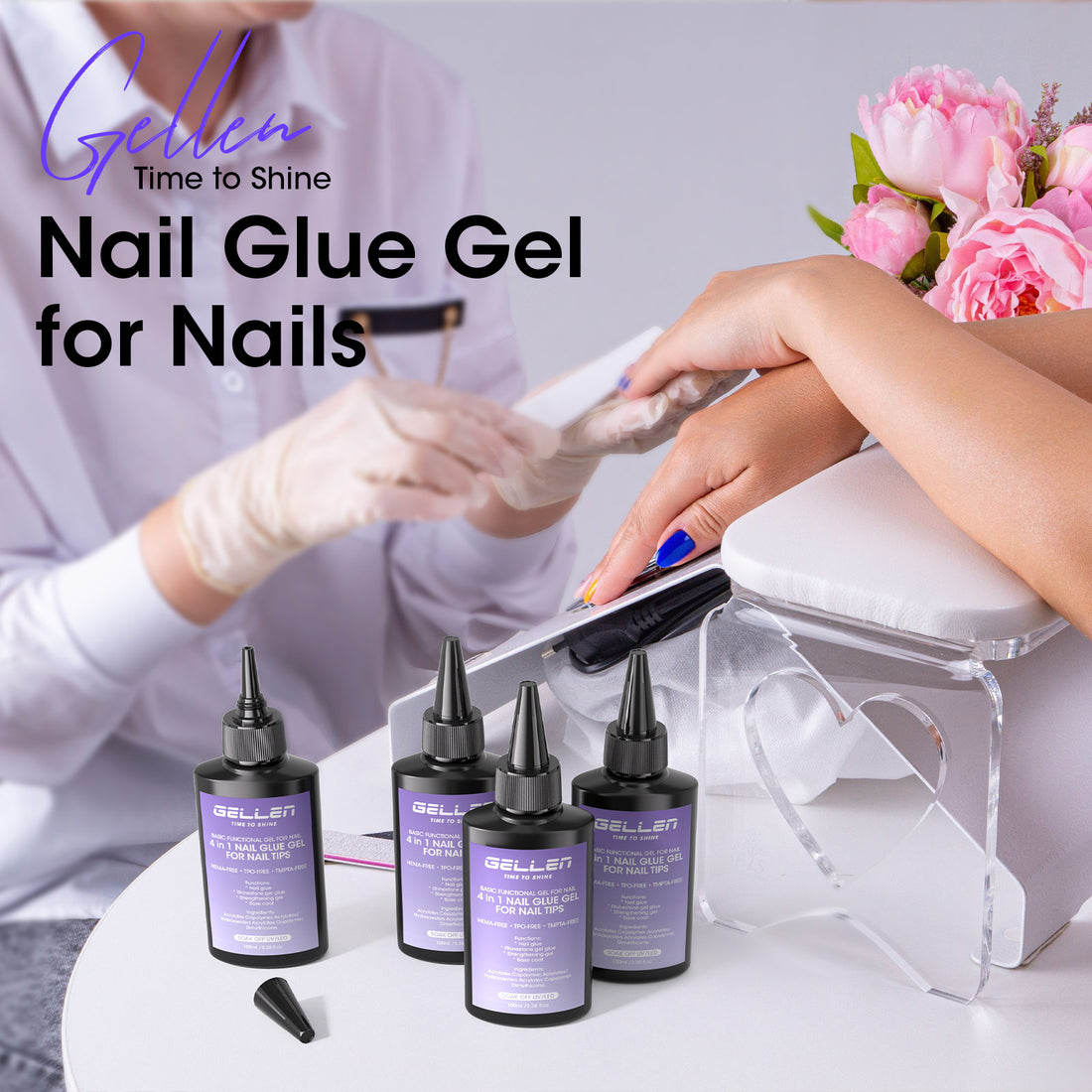 Gellen 100ML Nail Glue Gel for Nail Tips, 4-in-1 UV Light Needed Nail Gel As Base Gel, As Rhinestone Glue for Nail Art, As Nail Tips Glue for Press on Acrylic and False Nails and As Strengthener Gel