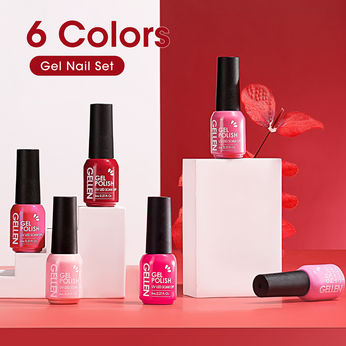 Gellen Gel Nail Polish Kit, Glossy White Pink Red Gel Polish, Soak off Gel Nail Kit for DIY Home Gel Manicure Set, 6 Colors Nail Polish Kit for Nail Art
