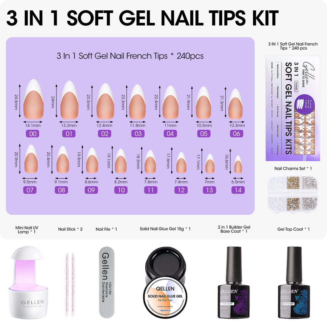 Gellen French Tips Gel Nail Kit - 240 Pcs Brown Almond, Salon Acrylic Nail Kits Including Gel Top Coat and Base Coat, UV Lamp, Solid Nail Glue Gel, Nail Charms for French Tip Manicure