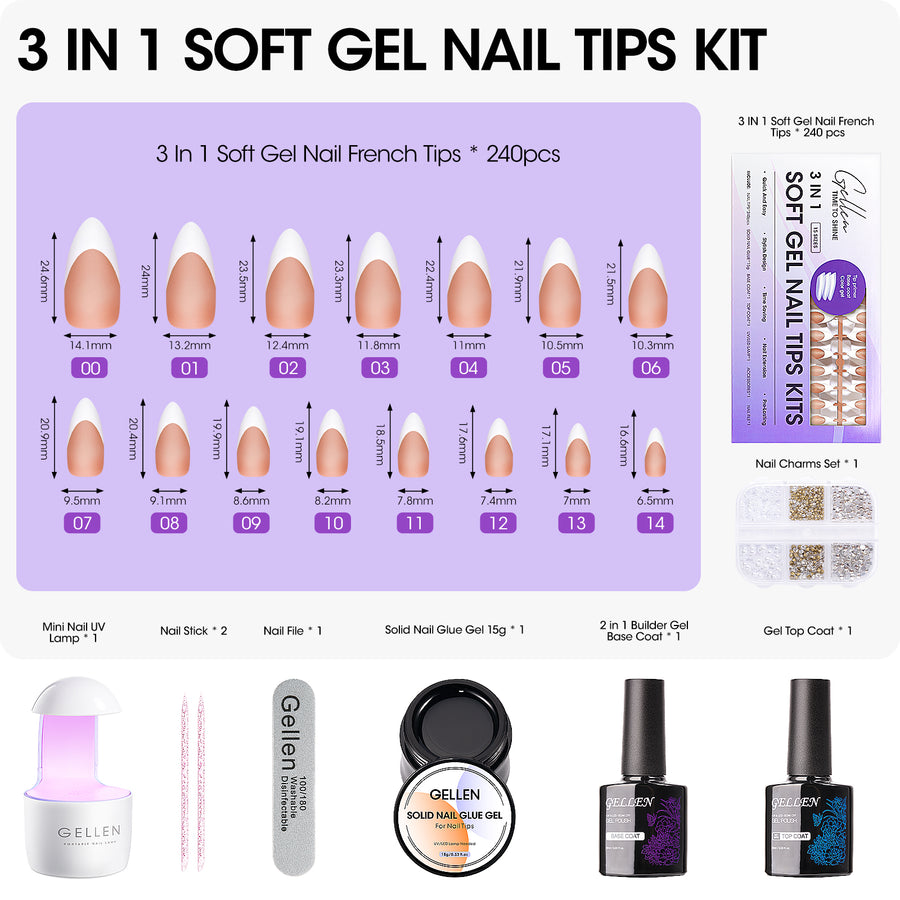 Gellen French Tips Gel Nail Kit - 240 Pcs Brown Almond, Salon Acrylic Nail Kits Including Gel Top Coat and Base Coat, UV Lamp, Solid Nail Glue Gel, Nail Charms for French Tip Manicure