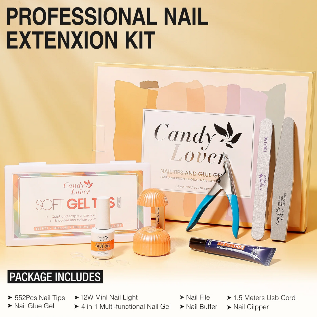 Candy Lover Nail Tips and Glue Gel Kit, 552 Pcs Almond False Nail Tips Kit with 4-in-1 Nail Glue Gel and Portable Nail Lamp, Acrylic Nail Extension Kit, Nail Art DIY at Home Gift for Girls Women