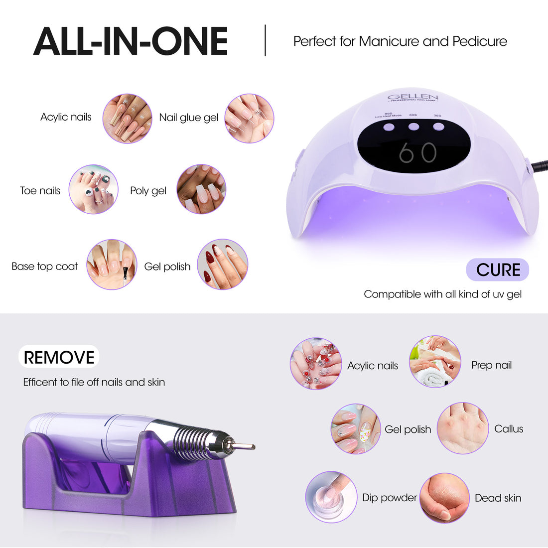 Gellen UV LED Nail Lamp with Electric Nail Drill, 72W UV Light Nail Dryer for Nails, 20000 RPM Nail Files for Acrylic Nails Professional Gel Nail Polish Curing Lamp with Sensor 3 Timers Manicure Tool