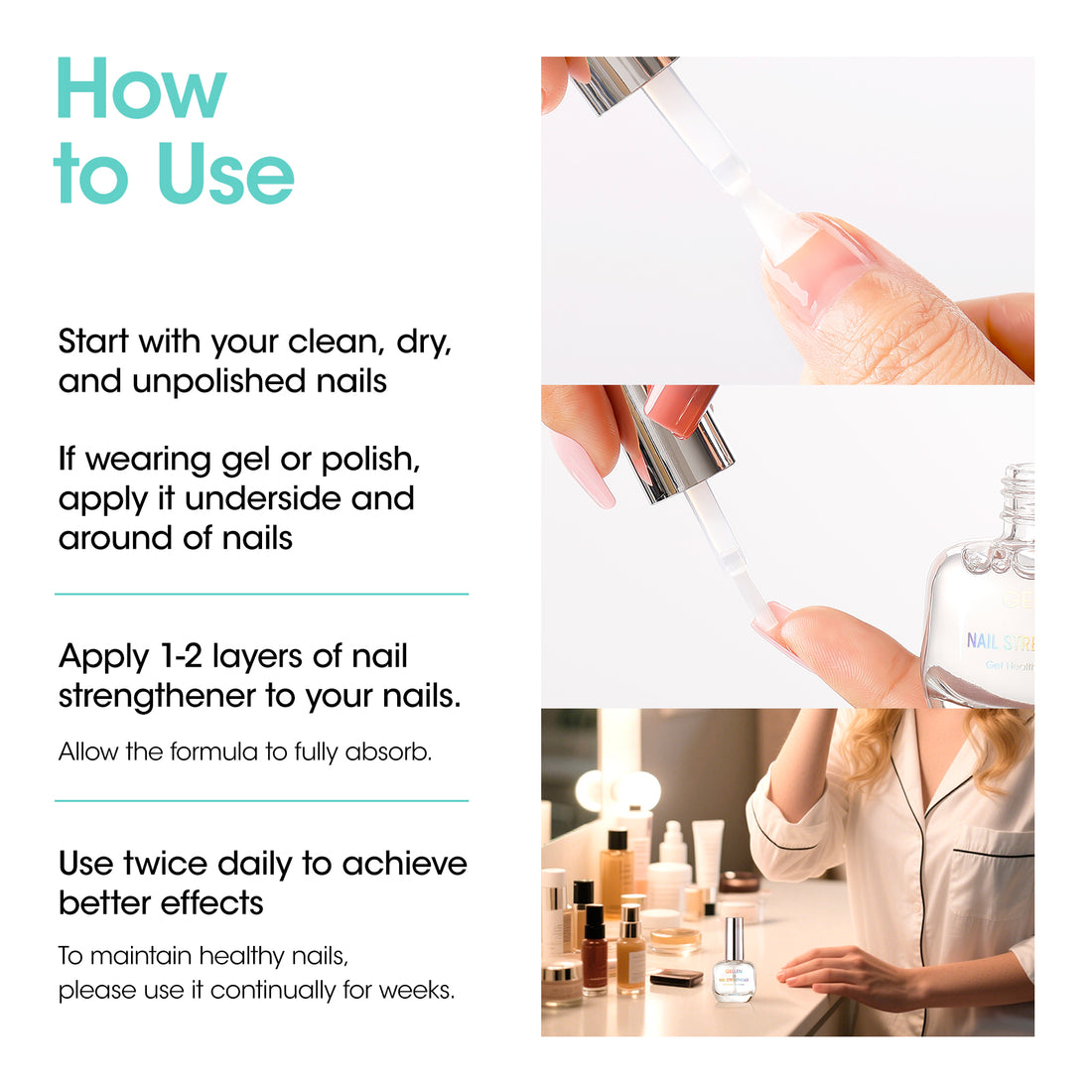 Gellen 15ml Nail Strengthener, Air Dry Clear Finish Nail Growth Strengthener for Thin Weak and Damaged Nails Repair Solution with Protein Keratin Calcium Nourish Nail Care Treatment, Unscented