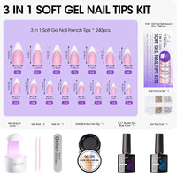 Gellen French Tips Gel Nail Kit - 240 Pcs Pink Almond, Salon Acrylic Nail Kits Including Gel Top Coat and Base Coat, UV Lamp, Solid Nail Glue Gel, Nail Charms for French Tip Manicure