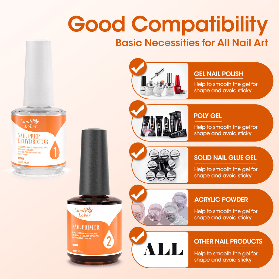 Candy Lover Nail Dehydrator and Primer Set, 15ML Hema-free Air Dry Nails Prep Dehydrate & Acid-free Bond Primer System Kit for Long Lasting Gel Nail Polish Acrylic Press-ons Nail Art Supplies