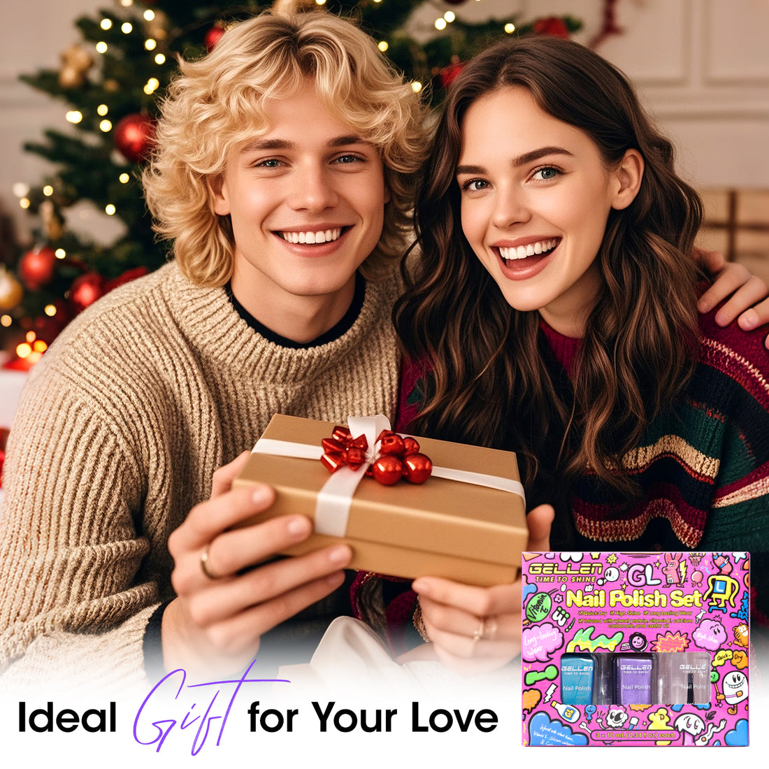 Gellen Nail Polish, Quick Dry 3 Colors Metallic Purple Blue & Base Top Strengthener 3-in-1 Nail Polish Set Xmas Halloween Nail Lacquer Set, Gift for Women Home Nail Art, No UV Light Needed, 0.33 Fl.oz