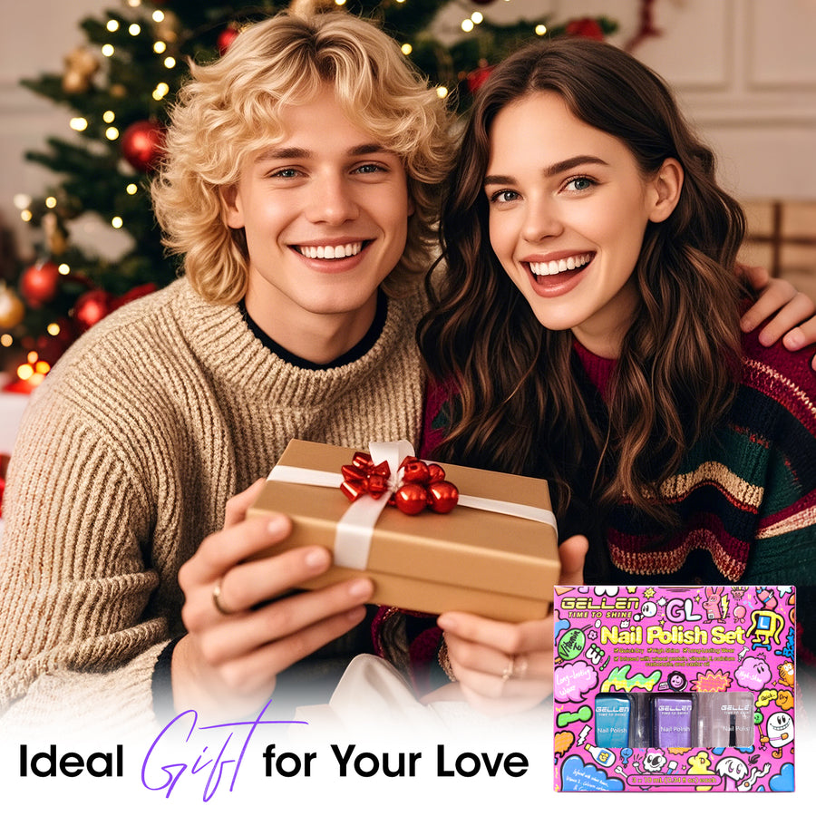 Gellen Nail Polish, Quick Dry 3 Colors Metallic Purple Blue & Base Top Strengthener 3-in-1 Nail Polish Set Xmas Halloween Nail Lacquer Set, Gift for Women Home Nail Art, No UV Light Needed, 0.33 Fl.oz