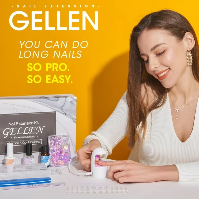 Gellen 240Pcs Gel Tips Nail Extension Kit Coffin False Nail Tips with Nail Glue Gel Kit, Fake Nails Kit with Base & Top Coat and LED Nail Lamp, Easy Diy Fast Extension Manicure Set