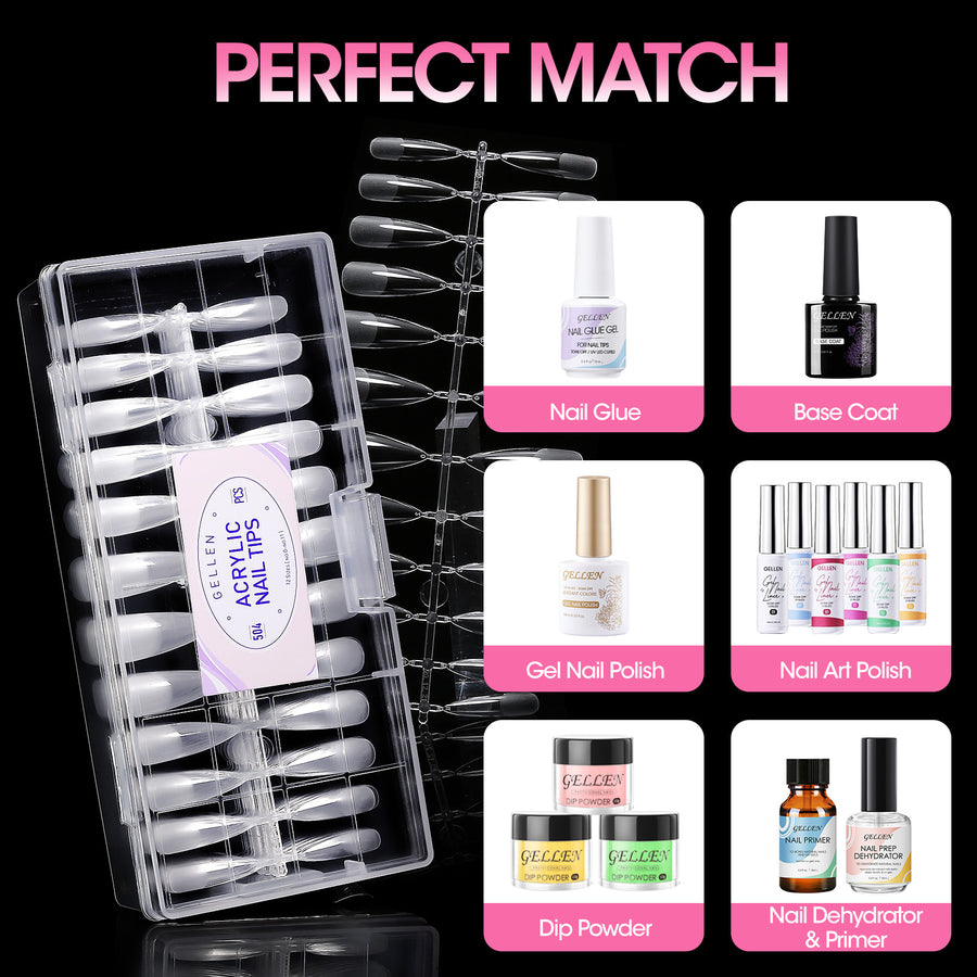 Gellen Long Stiletto Fake Nail Tips for Press on Nails, 504Pcs Soft Gel Tips for Nail Extensions Full Cover Pre-shaped 12 Sizes Clear False Nails for Nail Art