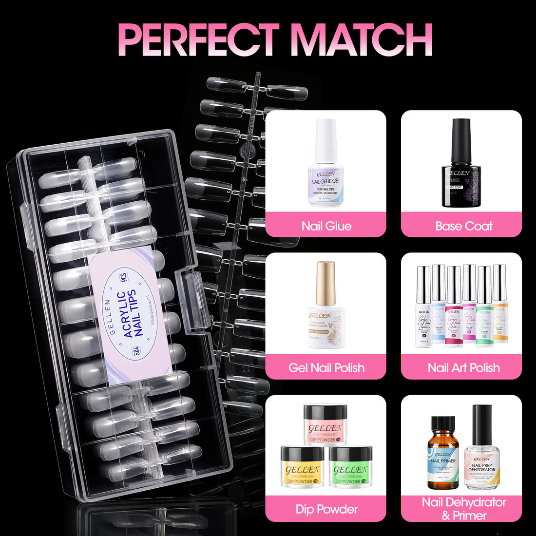 Gellen Medium Square Fake Nail Tips for Press on Nails, 504Pcs Soft Gel Tips for Nail Extensions Full Cover Pre-shaped 12 Sizes Clear False Nails for Nail Art
