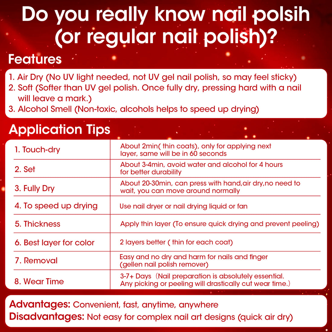 Gellen Quick Dry Nail Polish, 6Colors Christmas Red Gold Glitter Collection Regular Nail Polish Set No UV Light Needed for Finger Toe & Fake Nails Home Salon DIY Nail Art
