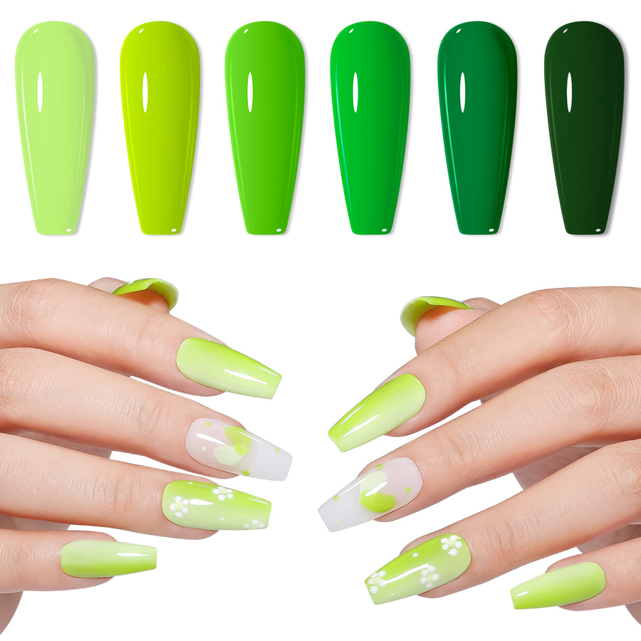 Gellen Nail Polish, Quick Air Dry 6 Colors Nail Lacquer Set Summer Emerald Green Trendy Nail Polish Kit for Nail Manicure DIY Art Home, No UV Light Needed, 0.33 oz Each Bottle