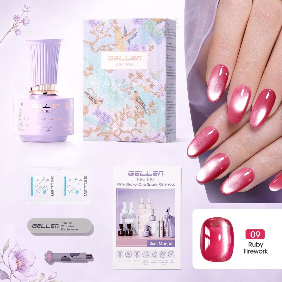 Gellen One Step Cat Eye Gel Nail Polish, 5-in-1 Magnetic Gel Polish Set, UV Lamp Needed Cured, No Base Top Needed, DIY Manicure for Women Beginners, 09 Sheer Ruby Red