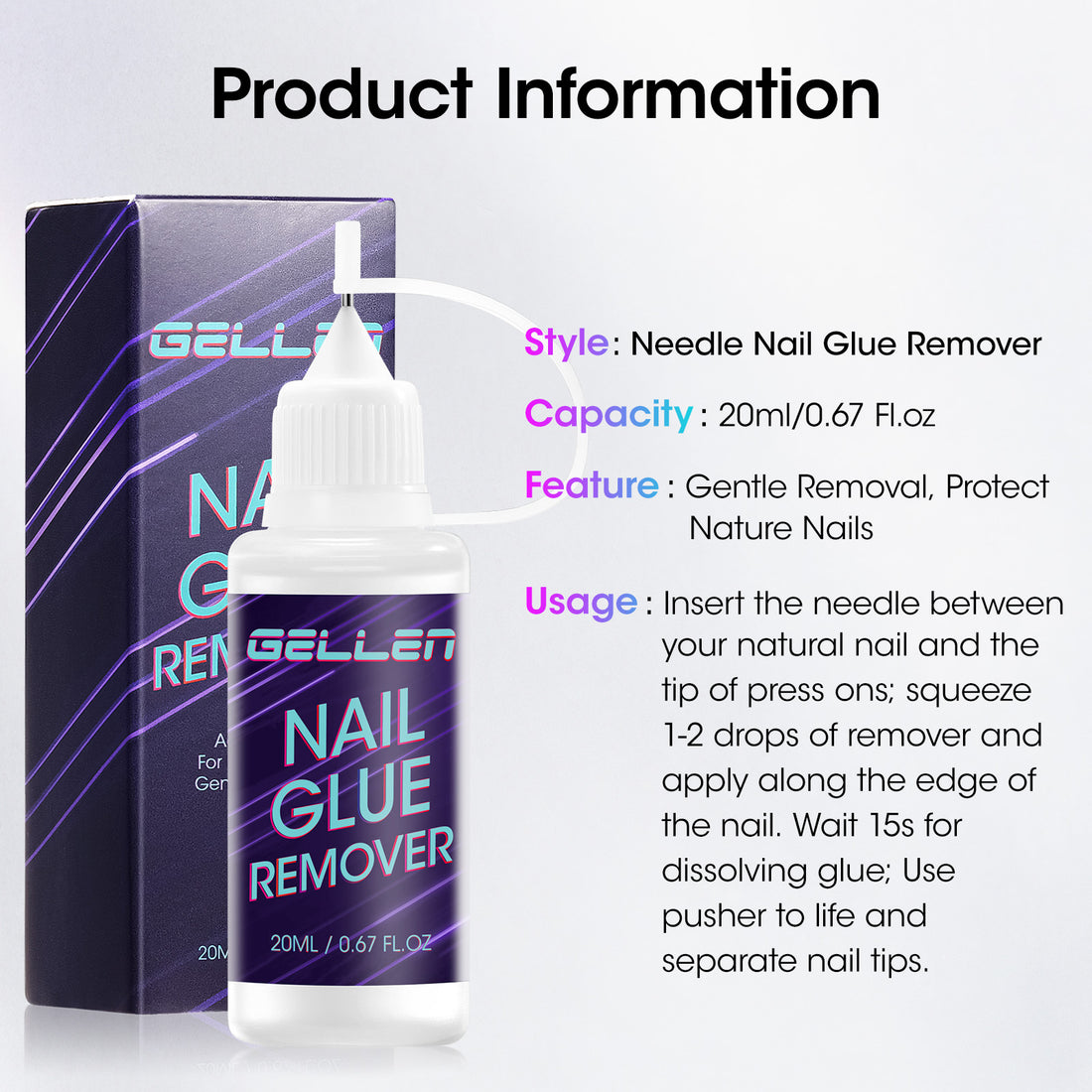 Gellen Nail Glue Remover, 20ML Needle Nozzle Non-Acetone Gel Nail Glue Remover for Press On Nails, Easy Remove Solid Nail Glue Gel On Fake Nail Tip