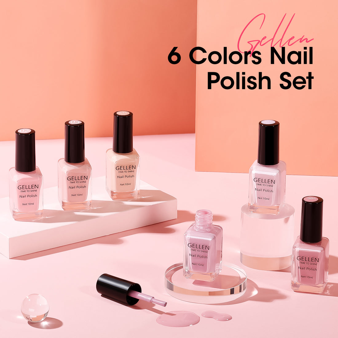 Gellen 6Colors Nail Polish Set, Quick Air Dry Nail Polish Nude Purple Pink Trendy Nail Polish Kit for Nail Manicure DIY Art Home, No UV Light Needed, 0.33 oz