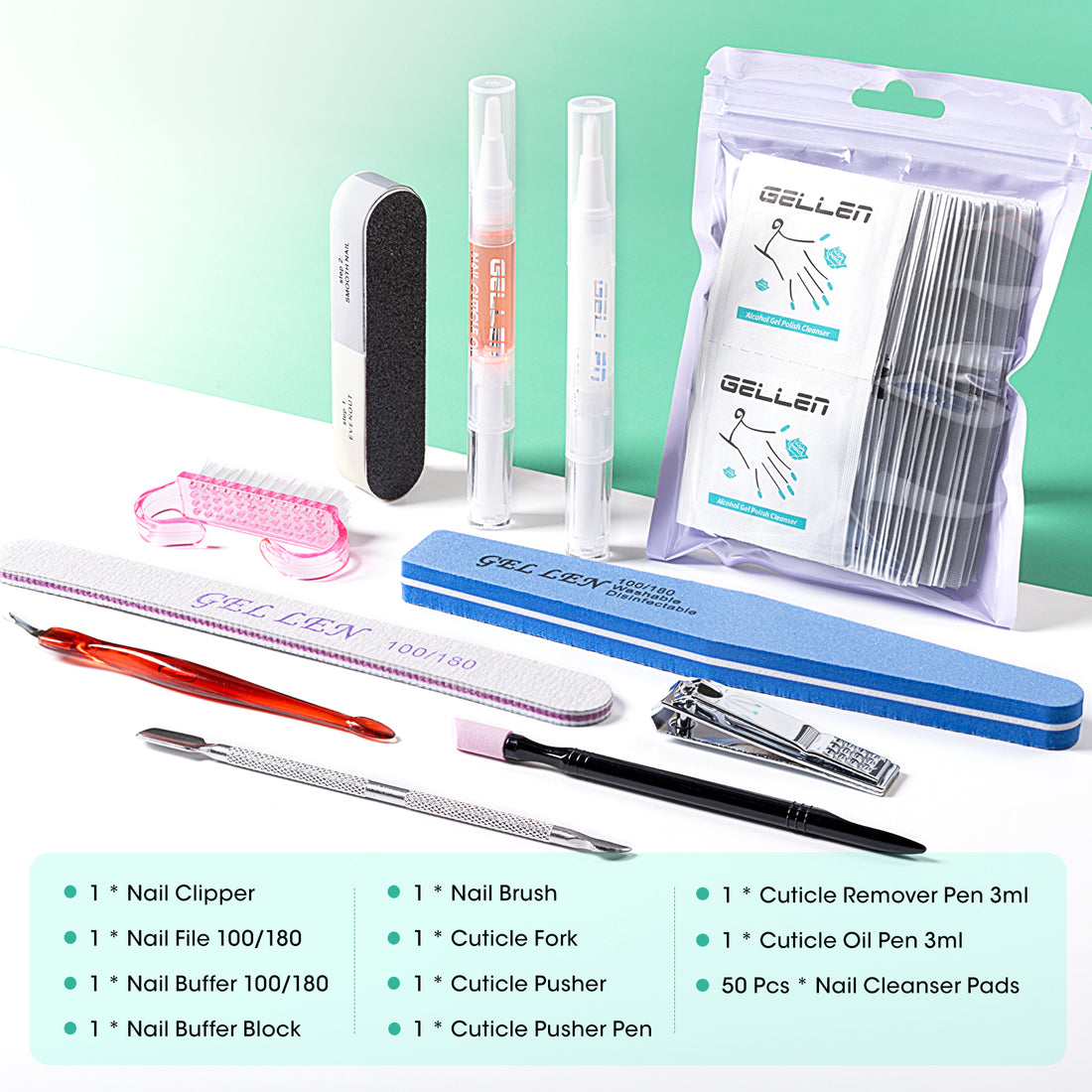 Gellen Nail Prep Kit, Professional Manicure Tools Set with 50PCS Nail Cleanser Pads, Cuticle Oil & Softener Pen, Ceramic Cuticle Pusher, Nail File, Buffer Block, Clipper & Nail Care Supplies