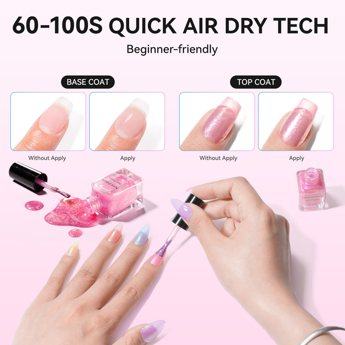 Nailshion Quick Air Dry Nail Polish Set, 16 Colors 10ML Jelly Glitter Shimmer Holographic Nail Polish with Clear Base Top Coat and 35Pcs Remover Pads Summer Regular Nail Lacquer Gift for Women Girls