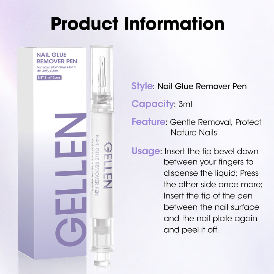 Gellen Nail Glue Remover Pen, 2Pcs 3ml Nail Glue Remover for UV Nail Glue Press on Nails, Click Remover Pen Design and Remove for Fake Nails Tips, Alcohol Acetone Free Fast Remove Gel Glue