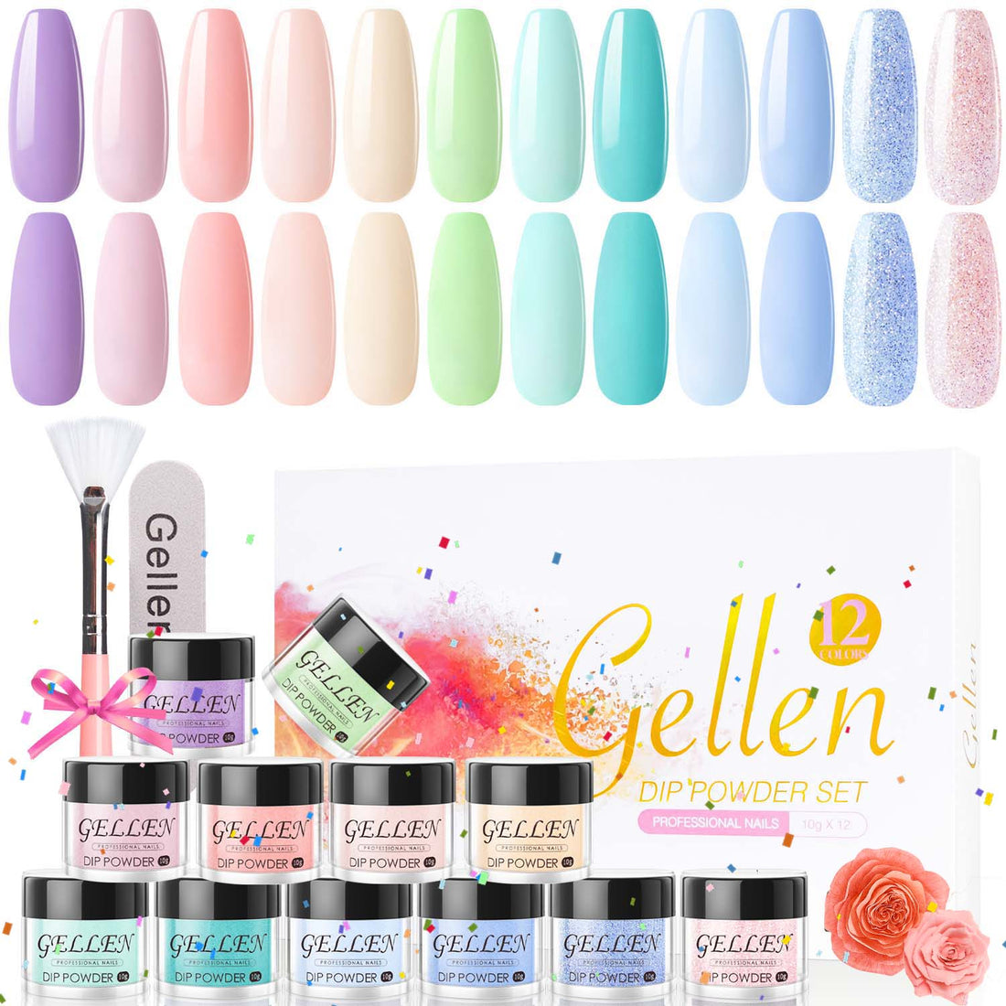Gellen Dip Powder Nail Kit with 12 Colors Dipping Nail Powder Kit with Dust Brush and Nail File, Nail Art Rainbow Candy Series Dip Powder Set