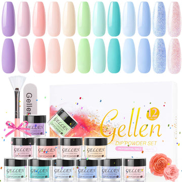 Gellen Dip Powder Nail Kit with 12 Colors Dipping Nail Powder Kit with Dust Brush and Nail File, Nail Art Rainbow Candy Series Dip Powder Set
