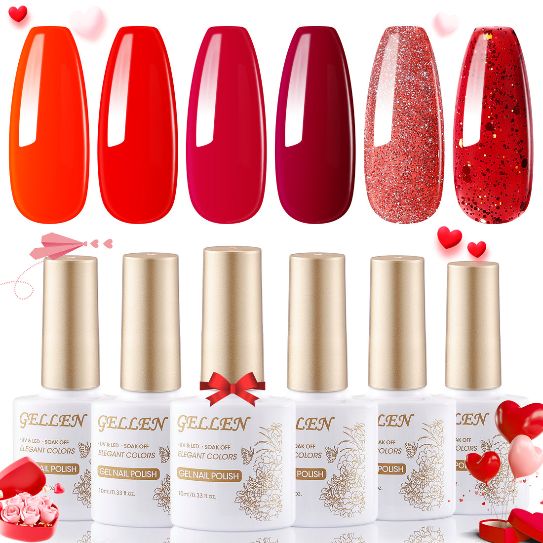 Gellen Red Gel Nail Polish Set, 6 Colors Winter Christmas Burgundy Red Bloody Red Glitter Gel Polish, No Wipe Soak Off Glossy UV Gel for DIY Nail Art Salon Manicure, 10ml/0.33oz