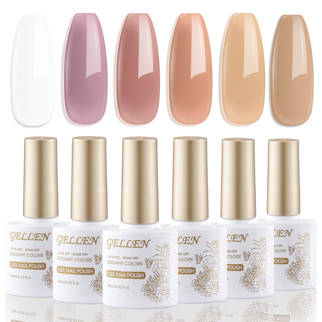 Gellen Nude Jelly Gel Nail Polish Set, 6 Colors White Nude Semi Sheer Gel Polish, No Wipe Soak Off UV Gel for DIY Nail Art Salon French Manicure, 10ml/0.33oz