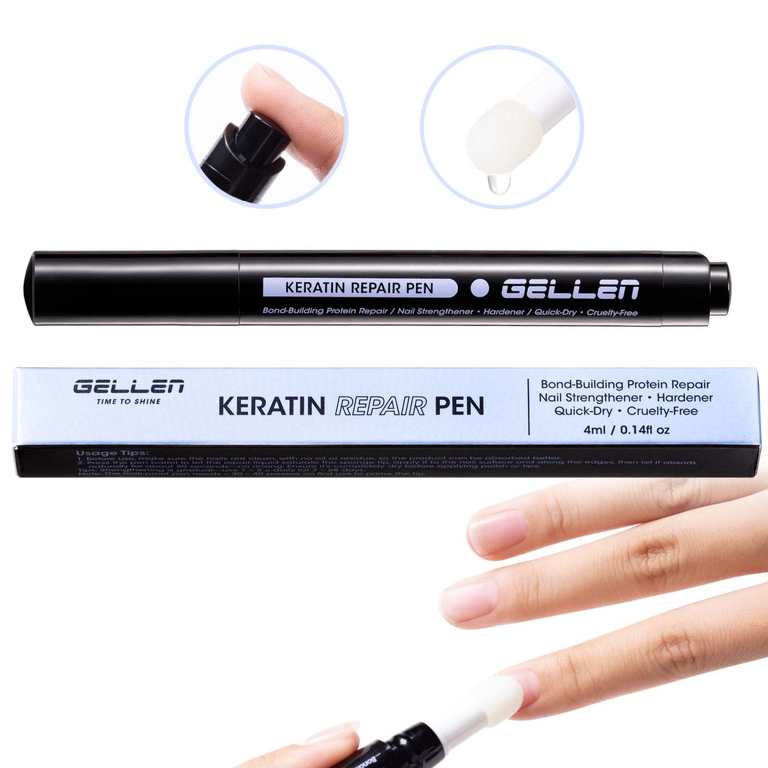 Gellen Nail Strengthener for Damaged Nails, Sponge Tip Designed Keratin Nail Repair Pen with Triple Protein Complex, Fast Absorbing Nail Hardener Treatment for Prevents Peeling & Ridges