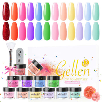 Gellen Dip Powder Nail Kit, 12 Colors Bright Red Pink Purple Blue Dip Nail Powder Kit with Dust Brush and Nail File, Nail Art Spring Summer Bright Series Dip Powder Set