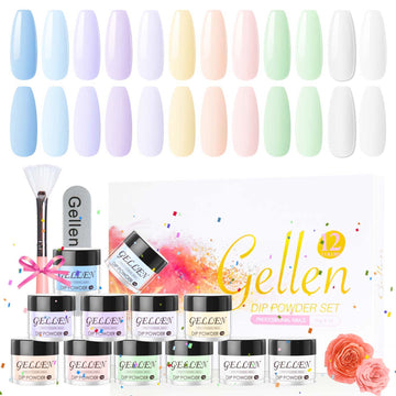 Gellen Dip Powder Nail Kit, 12 Colors Light Macaron Bule Green Yellow Dip Nail Powder Kit with Dust Brush and Nail File, Nail Art Pale Neon Series Dip Powder Set