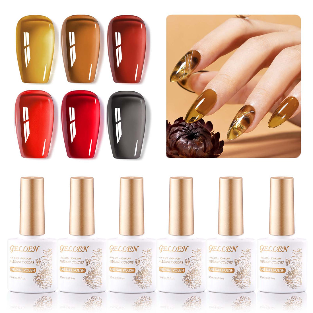 Gellen Gel Polish - 6 Colors Glassy Gel Sheer Red Grey Leaf Yellow Amber Brown Burgundy Gel Polish Set Soak Off UV Cure DIY Nail Art Gifts for Christmas