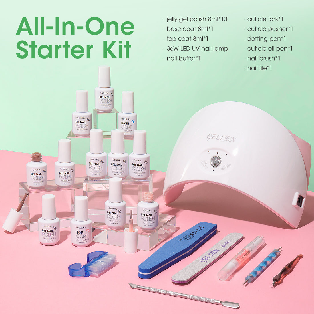 Gellen Gel Nail Polish Starter Kit with 36W UV Light, 10 Colors Summer Jelly Color Gel Polish Kit, All-In-One Manicure Gift Set with Gel Nail Base Top Coat & Nail Dryer, Nail Art Tools for Salon DIY