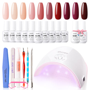 Gellen Gel Nail Polish Starter Kit with 36W UV Light, 10 Colors Plum Wine Color Gel Polish Kit, All-In-One Manicure Gift Set with Gel Nail Base Top Coat & Nail Dryer, Nail Art Tools for Salon DIY