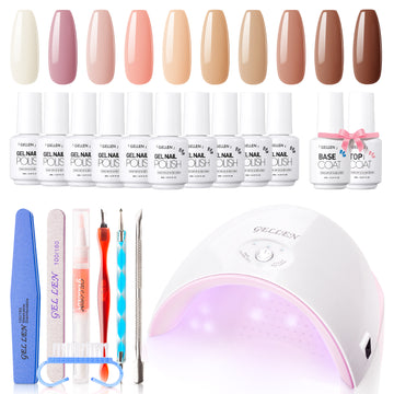 Gellen Gel Nail Polish Starter Kit with 36W UV Light, 10 Colors White Brown Color Gel Polish Kit, All-In-One Manicure Gift Set with Gel Nail Base Top Coat & Nail Dryer, Nail Art Tools for Salon DIY