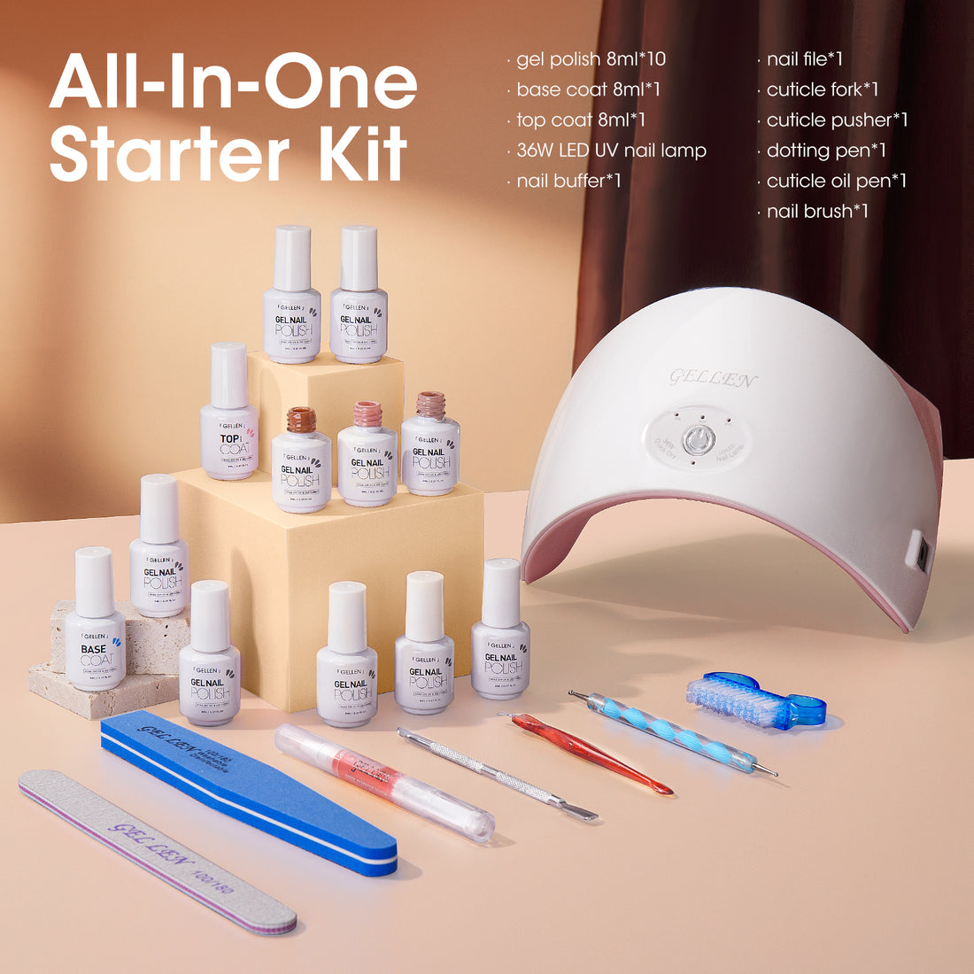 Gellen Gel Nail Polish Starter Kit with 36W UV Light, 10 Colors White Brown Color Gel Polish Kit, All-In-One Manicure Gift Set with Gel Nail Base Top Coat & Nail Dryer, Nail Art Tools for Salon DIY