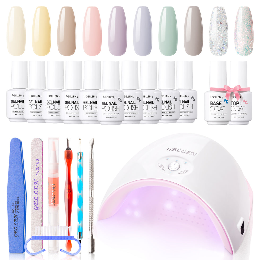Gellen Gel Nail Polish Starter Kit with 36W UV Light, 10 Colors Macaron Color Gel Polish Kit, All-In-One Manicure Gift Set with Gel Nail Base Top Coat & Nail Dryer, Nail Art Tools for Salon DIY