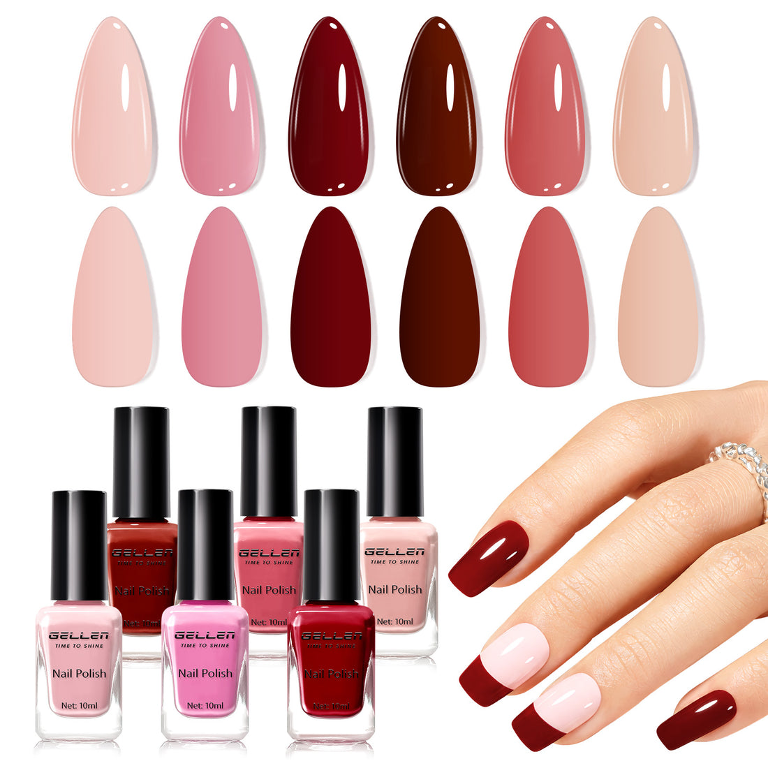 Gellen Quick Dry Nail Polish, 6Colors Nude & Burgundy Romantic Collection Regular Nail Polish Set No UV Light Needed for Finger Toe & Fake Nails Home Salon DIY Nail Art