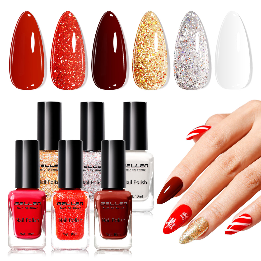 Gellen Quick Dry Nail Polish, 6Colors Christmas Red Gold Glitter Collection Regular Nail Polish Set No UV Light Needed for Finger Toe & Fake Nails Home Salon DIY Nail Art