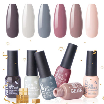Gellen 6 Pcs Gel Nail Polish Kit - Nudes Grey Gel Polish Set Soak off LED Nail Lamp Light Nudes Gel Manicure Kit Gifts for Her