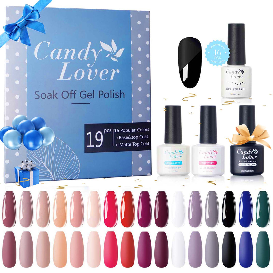 Candy Lover Gel Nail Polish Kit with Top Coat Base Coat Matte Coat Natural Quick Dry Long-Lasting Gel Nails, 16 Colors Gel Nail Polish Set for Home Salon Nail Art DIY Gift for Girls Women