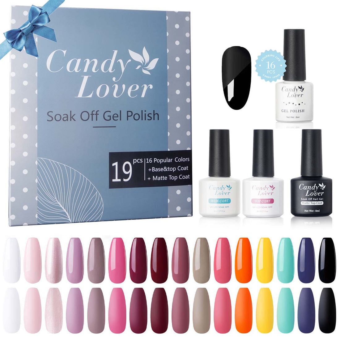 Candy Lover Gel Nail Polish Set with Top and Base Coat & Matte Coat, 16 Colors Natural Quick Dry Long-Lasting Gel Polish, Soak off UV Spring Summer Gel Nail Polish Gift for Girls Women for Home Salon