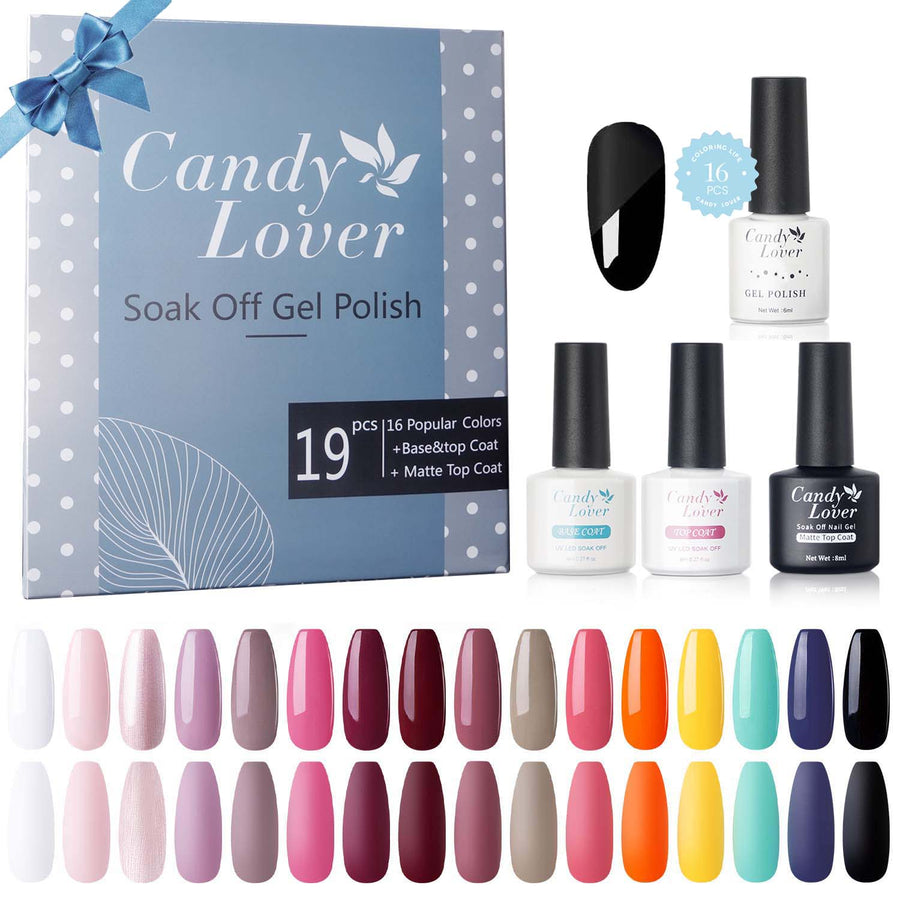 Candy Lover Gel Nail Polish Set with Top and Base Coat & Matte Coat, 16 Colors Natural Quick Dry Long-Lasting Gel Polish, Soak off UV Spring Summer Gel Nail Polish Gift for Girls Women for Home Salon