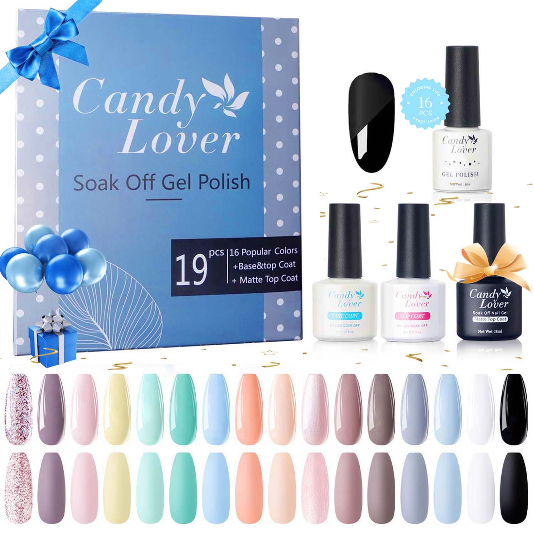Candy Lover Gel Nail Polish Kit with Top Coat Base Coat Matte Coat, Natural Quick Dry Long-Lasting Gel Polish, 16 Colors Gel Nails, Spring Summer Gel Nail Polish Gift Sets for Home Salon Nail Art DIY