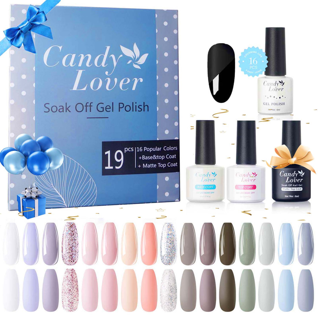 Candy Lover Gel Nail Polish Kit with Top Base Coats Matte Coat, Natural Quick Dry Long-Lasting Gel Nails, 16 Colors Modern Cool Collection Gel Nail Polish Set Gift
