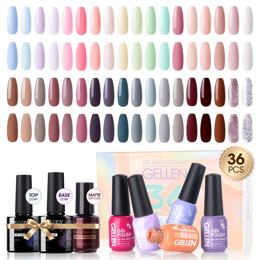 Gellen 36 Pcs Gel Nail Polish Kit, Gel Nail Set Candy Colors Gel Polish Kit with No Wipe Base Coat Top Coat Matte Top Coat, Nail Polish Set Gifts for Women