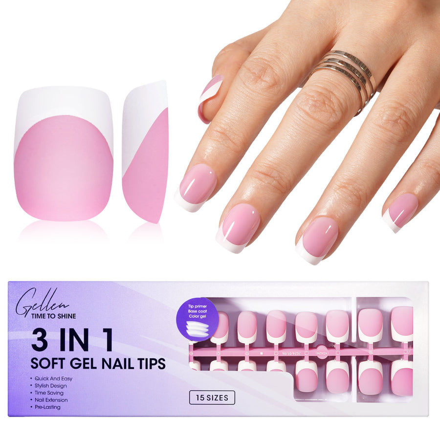 Gellen French Tips Press on Nails - 150 Pcs Pink Short Square, Salon Acrylic Press on Nails Soft Gel Nail Tips, 15 Sizes Fake Nails 3 in 1 Pre-french French Tips Full Cover Tips for Nail Art